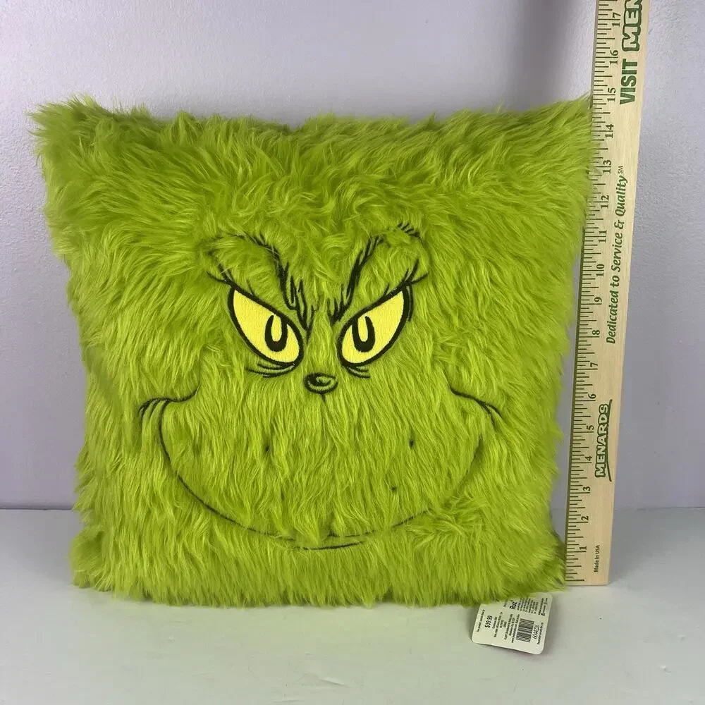 The Grinch Dr. Seuss Throw Pillow Green Faux Fur Face Holiday Christmas Ruz